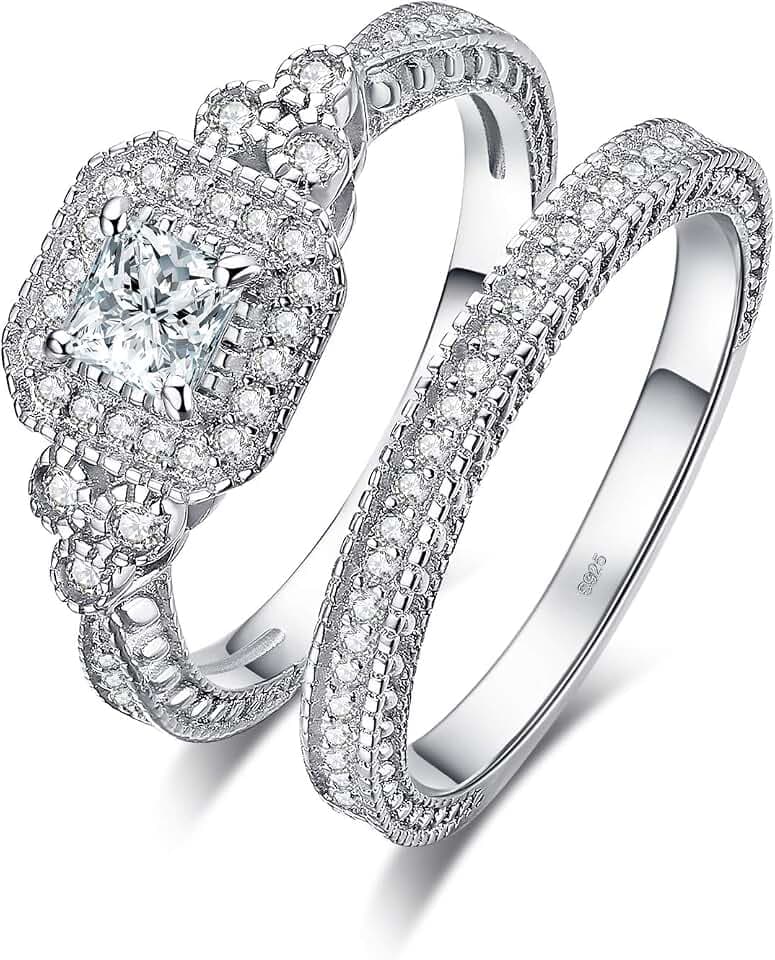 JewelryPalace Vintage 14K Gold Plated 925 Sterling Silver Halo Engagement Ring Wedding Band Bridal Sets