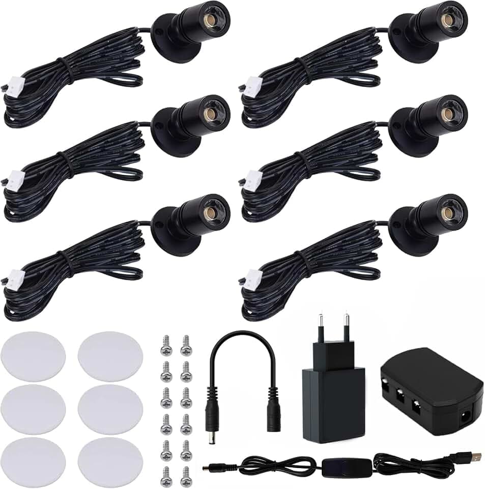 6 Stück,Klein LED Scheinwerfer, Mini led spot, 360°,Warmweiß,Schwarz,5V,1W | LED Spotlichter für den Innenbereich Schranklicht Bilderlichter Akzentlichter,Aluminium mini spot led für Schrank,Galerien