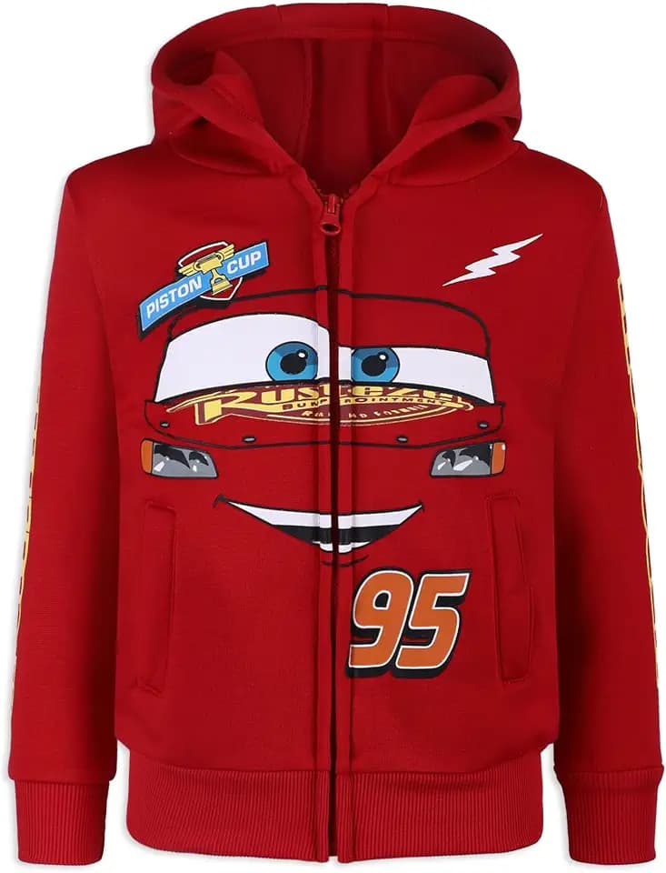 Disney Cars’ Lightning McQueen Zip Up Hoodie with Pockets for Boys, Front Zip Jacket