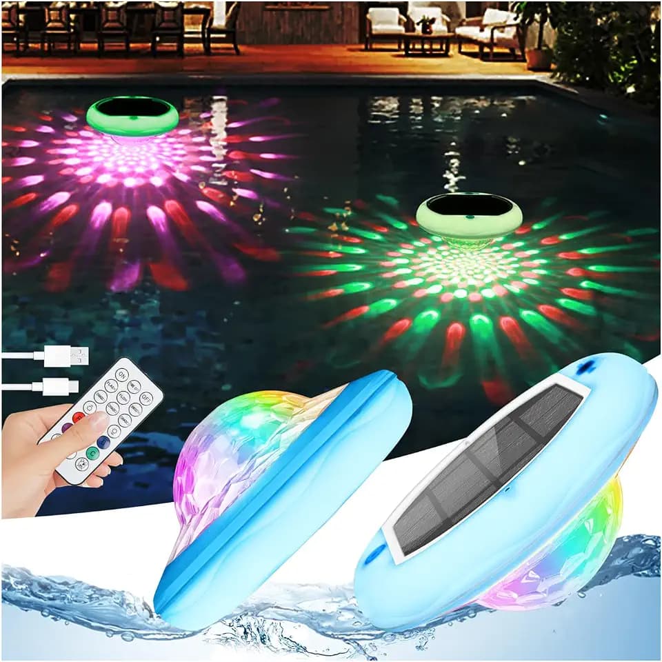 QOLNBY Solar Floating Pool Lights 2 Pack, USB Rechargeable Pool Lights