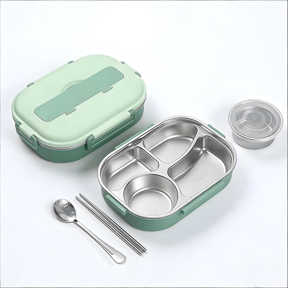 Lunchbox-Behälter, Bento-Lunchbox, Edelstahl-Lunchbox Behälter mit Trennwand, isolierte Edelstahl-Geschirr-Set mit 4 Gittern für Lebensmittel für Erwachsene/Kinder (1500ml Grün)