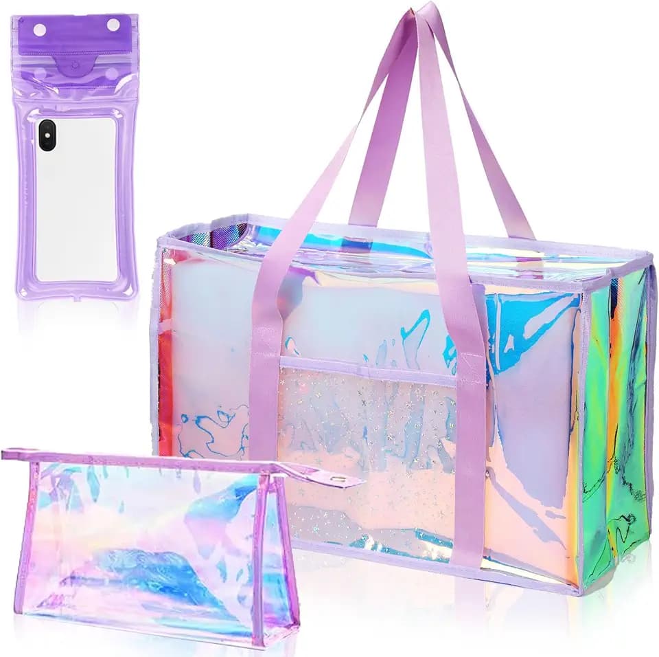 Purple Iridescent Waterproof Beach Travel Bag for Women Large Waterproof Sandproof Women's Beach Tote Pool Bag Zipper Pool Swim Tote Bag for Travel and Spring summer Vacation