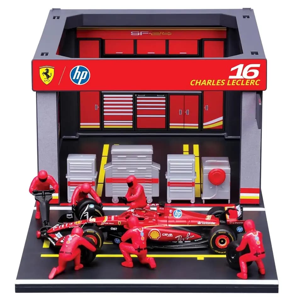 Bburago - Pit Stop Ferrari SF-24#16 Leclerc, Spielset mit Diorama, 1:43 und 6 Mechanikern, Detailgetreu, Ferrari-Lizenz, Alter 3+