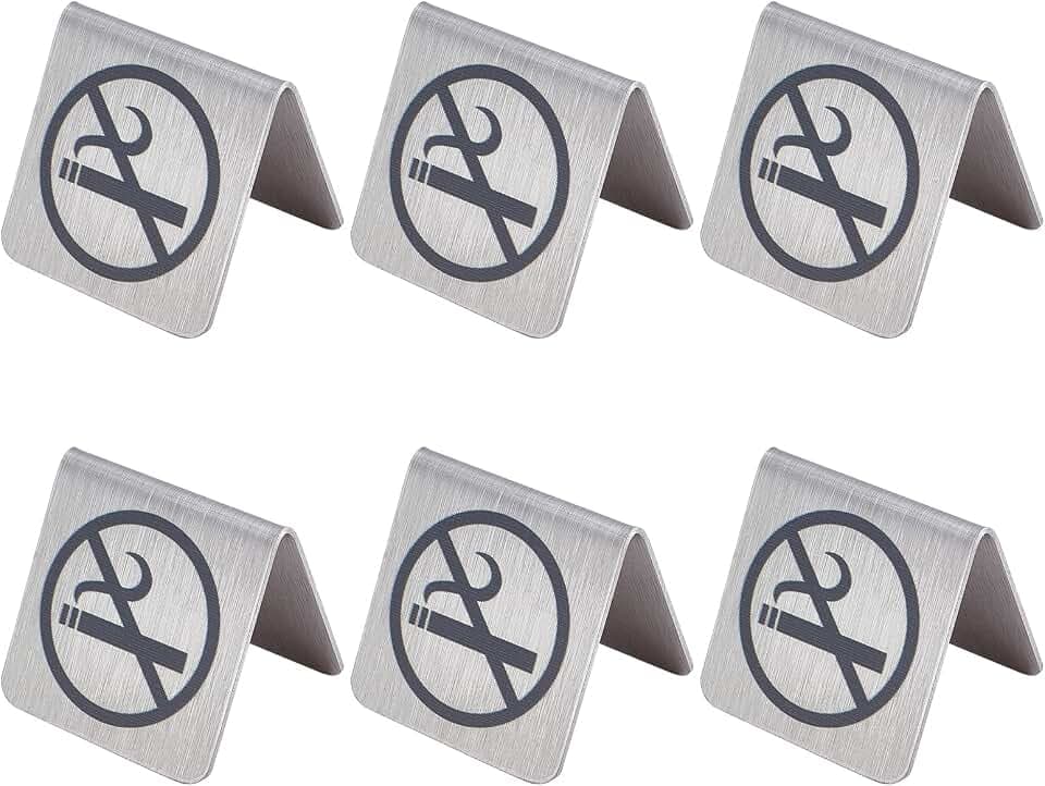AHANDMAKER 6 Stück Edelstahl Nichtraucher-Schild, Doppelseitiges Nichtraucher Warnschild Rauchverbot Tischkarte für Außen-und Innenbereich Bibliotheken Hotels, Cafés, 4.8x5x5cm