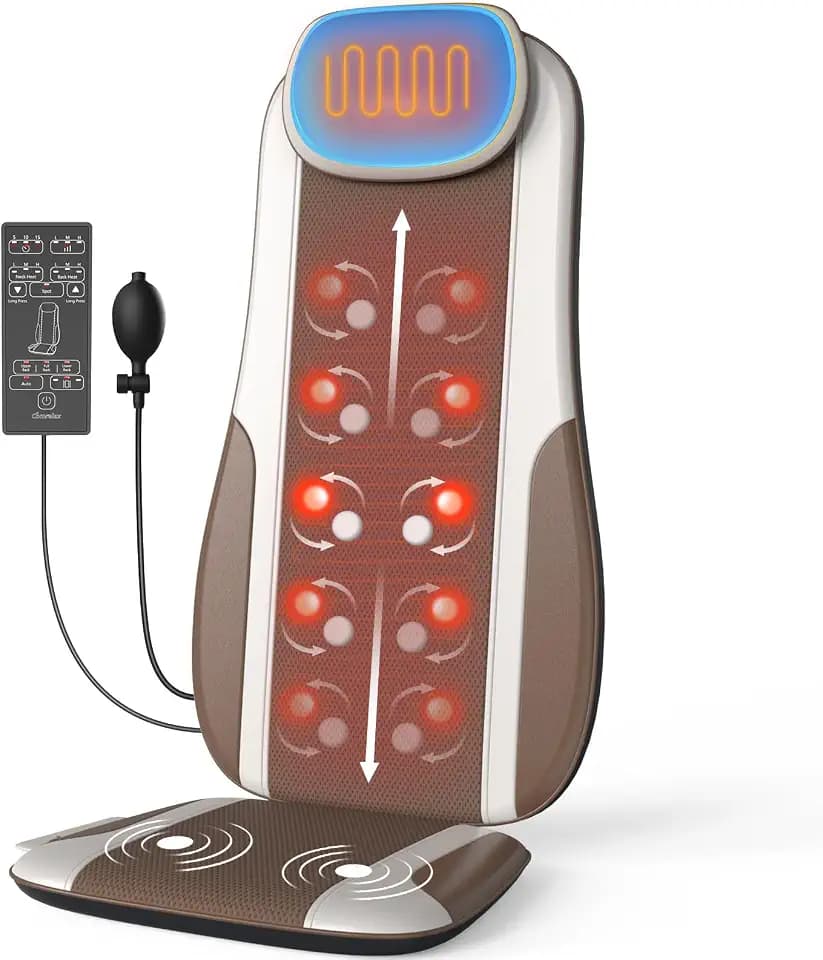 Shiatsu Back Massager with Heat, Massage Chair Pad Seat Cushion for Stress Relief, Deep Tissue Kneading & Roller, 2 Vibration Motors, Back Waist Hip Massager, PU Leather, with 2 Adapters