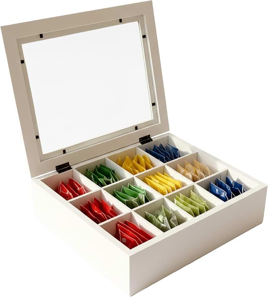 Relaxdays Teebox, 12 Fächer, Bambus, Teebeutel Aufbewahrung, Teekiste mit Sichtfenster, HxBxT: 8 x 28 x 23 cm, Farbwahl