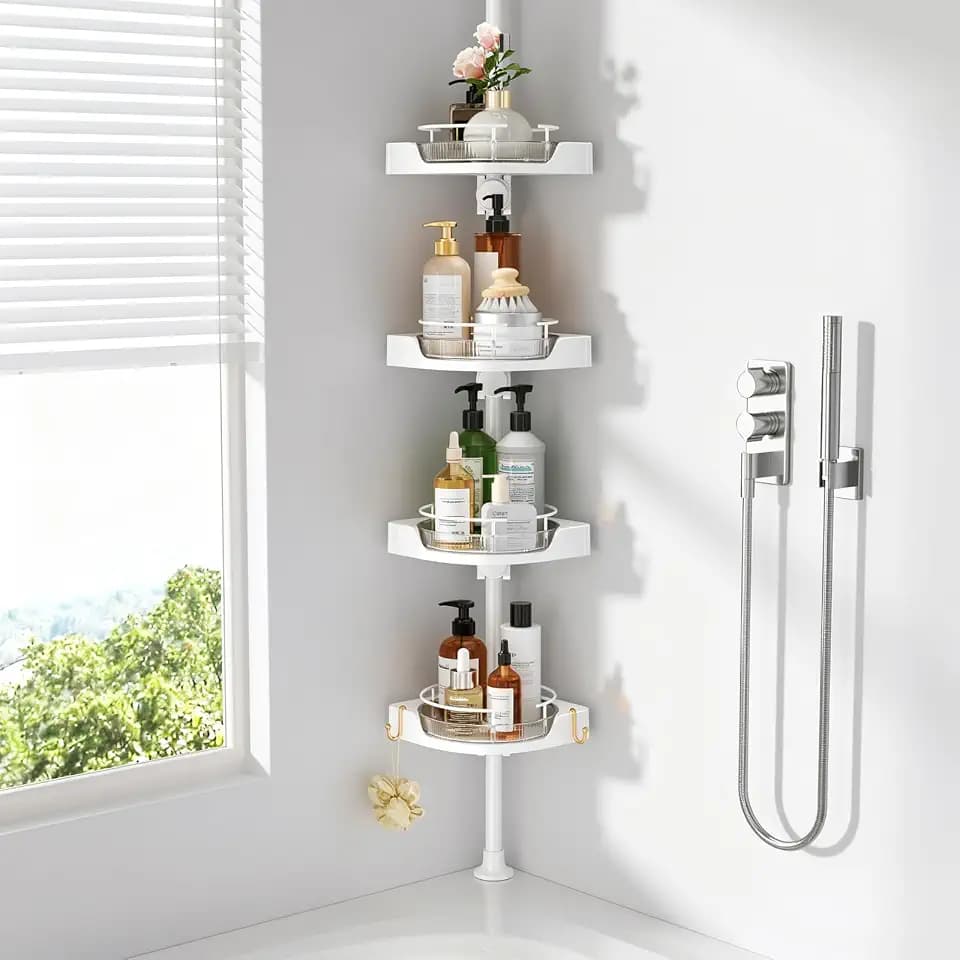 Coner Shower Caddy Tension Pole with 4 Lazy Susan Bathroom Corner Organizer 360° Rotating 35-128 Inch No Drilling Floor Standing Shelves Adjustable Shower Rack for Bathroom(White)
