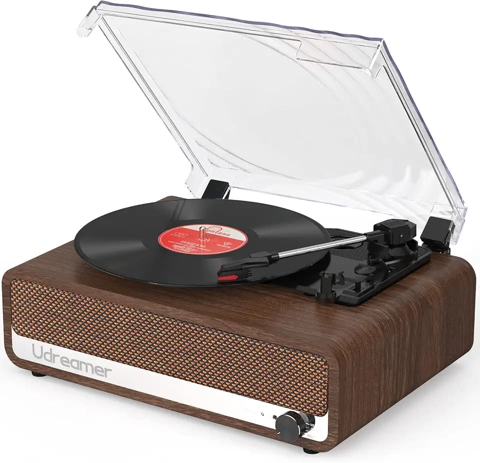 Udreamer Plattenspieler mit Lautsprecher Bluetooth Plattenspieler Vintage Vinyl Player Unterstützt USB AUX-Eingang Kopfhörer RCA Line-Out 3 Geschwindigkeiten Riemenantrieb Spiegeldesign Nussbaum