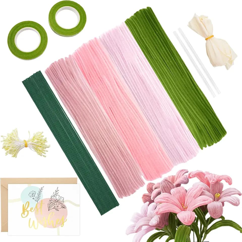 KINGLAKE 400 Stück Pfeifenreiniger Blumen Set lilien, Pipe Cleaner Flower - Pfeifenputzer zum Basteln, Pipecleaner mit Floristenband, Blumenstiele, Staubgefäße, Bänder und Karten, für DIY (Rosa)
