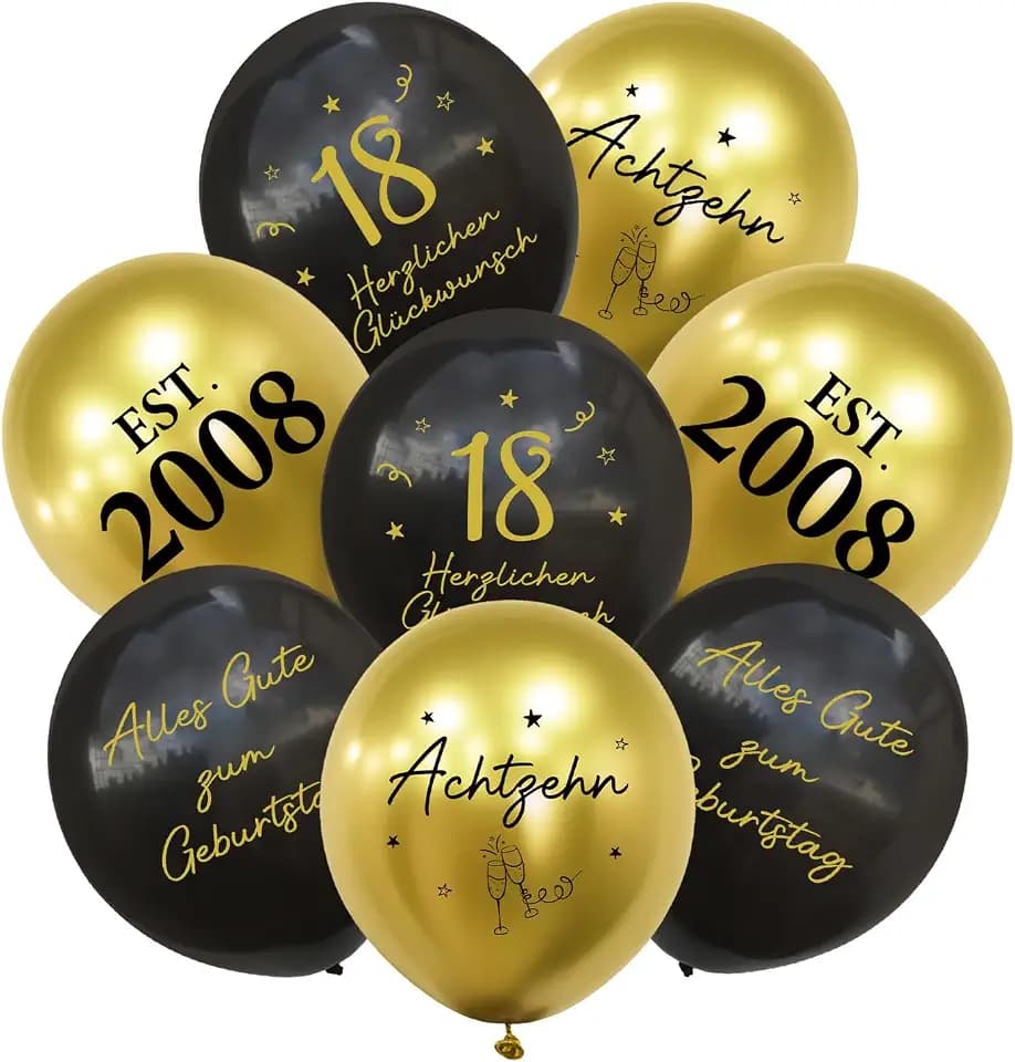 24 Stück Deko 18. Geburtstag Luftballons, 2008 Schwarz Gold Ballons 18 Alles Gute zum Geburtstag, Happy Birthday Luftballon 18 Jahre für Mädchen Junge Mann Frauen 18 Geburtstagsdeko Party Deko