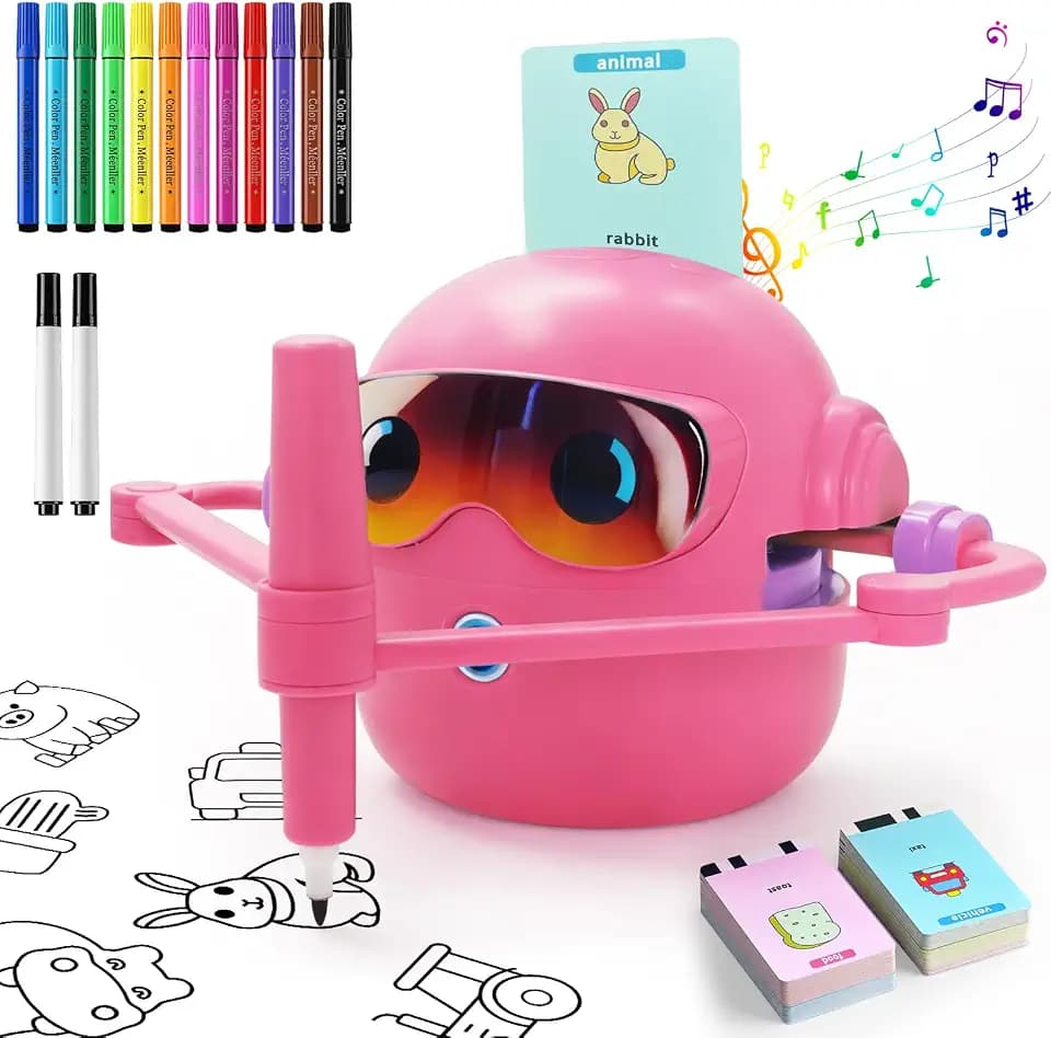 Zeichenroboter für Kinder, Sprachaktiviertes Lernspielzeug mit 100 Wortkarten & 12 Buntstiften, Montessori Zeichenmaschine für Kinder von 3-8 Jahren - Kreatives Geschenk(Rosa)