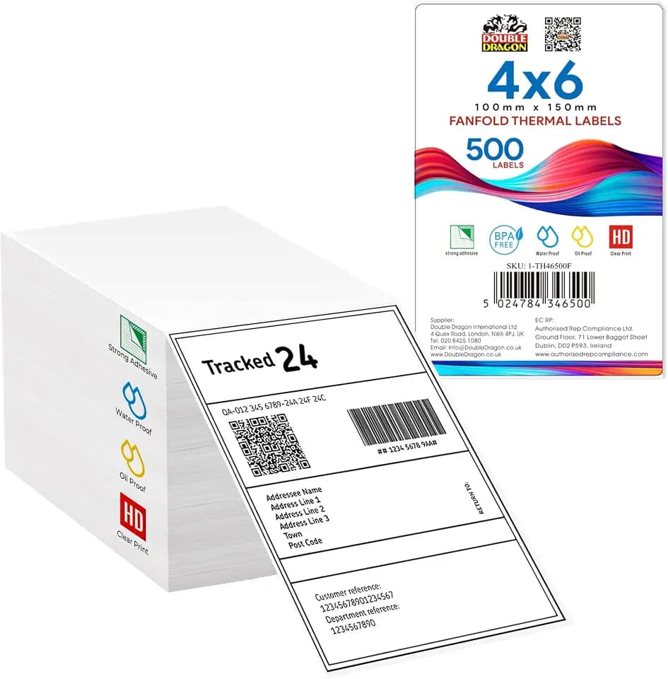 Double Dragon 100 x 150 mm (4" x 6"), 500 Fanfold-Etiketten, Premium-Beschichtung, Permanentkleber, kompatibel mit Zebra, MUNBYN, Rollo, TSC, Toshiba, Citizen Etikettendruckern (1 Stapel)