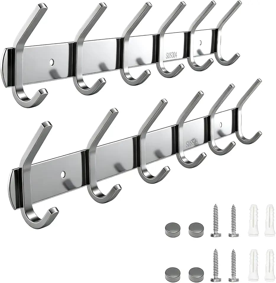 Hakenleiste Kleiderhaken 2 Stück Wand Wandhaken Badzimmer Küche Tür Garderobe Garderobenhaken Edelstahl Polishing Process (Silber, 6 Haken)42cm,Zum Aufhängen von Jacken, Handtüchern, Schlüsseln
