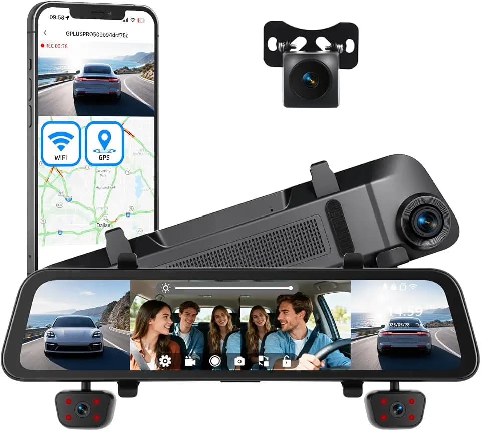 12 Inch 1080P Mirror Dash Cam,4 Channel Front and Rear Inside View Mirror Camera Mirror Dash Cam with GPS,Night Vision,G-Sensor,Parking Assistance,APP Control,Parking Monitor,Waterproof Backup Camera