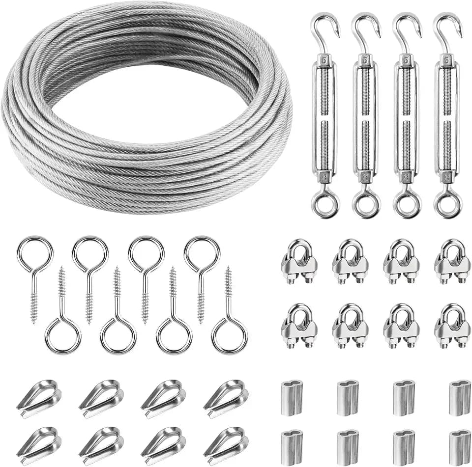 Drahtseil 3mm/20M - Stahlseil mit Ösen, M5 Seilspanner Edelstahl, Ösenschraube, Drahtseilklemme und Kauschen, Aluminiumhülsen - Drahtseil Rankhilfe für Kletterpflanzen, Seilspanngarnitur für Gardinen