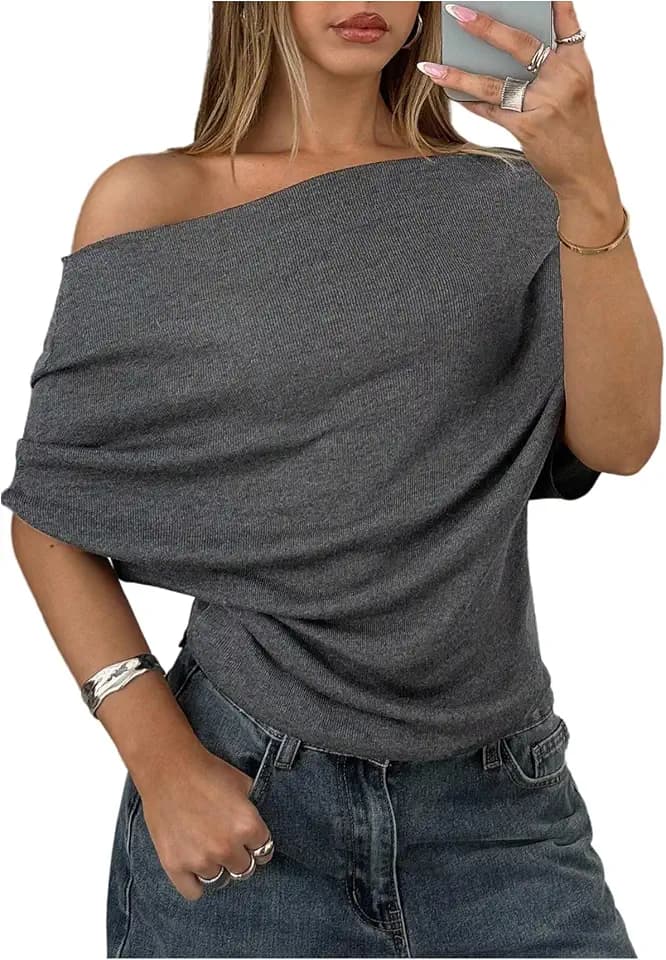 BEAUDRM Women's Off The Shoulder Sweaters Short Sleeve Pullover Causal Knit Tops