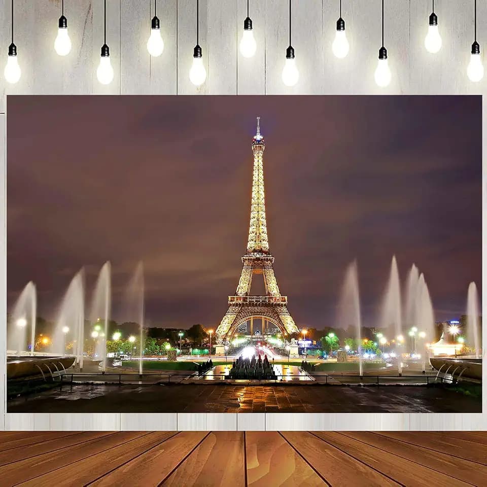 8X6FT Eiffel Tower Backdrop Paris City Square Night Fountain Photography Background for French Landmark Holiday Happy Birthday Banner Wedding Themed Party Photo Booth Props ZH013 ZHTAOYH