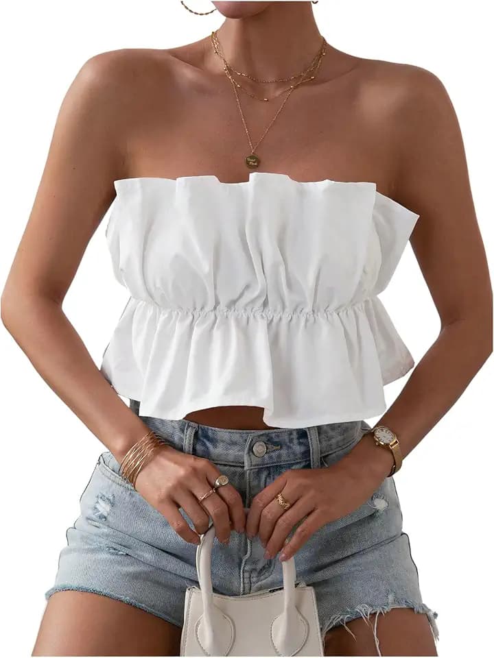 GORGLITTER Women's Ruffle Bubble Tube Tops Strapless Bandeau Peplum Shirts