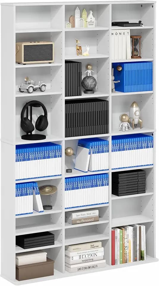Furinno Jaya DVD Shelf, Wide 24-Shelf CD Rack, Media Shelf with Adjustable Shelves, Easy Assembly DVD Storage Cabinets for CD Bluray Game Disc, for Living Room, Home Office, Plain White