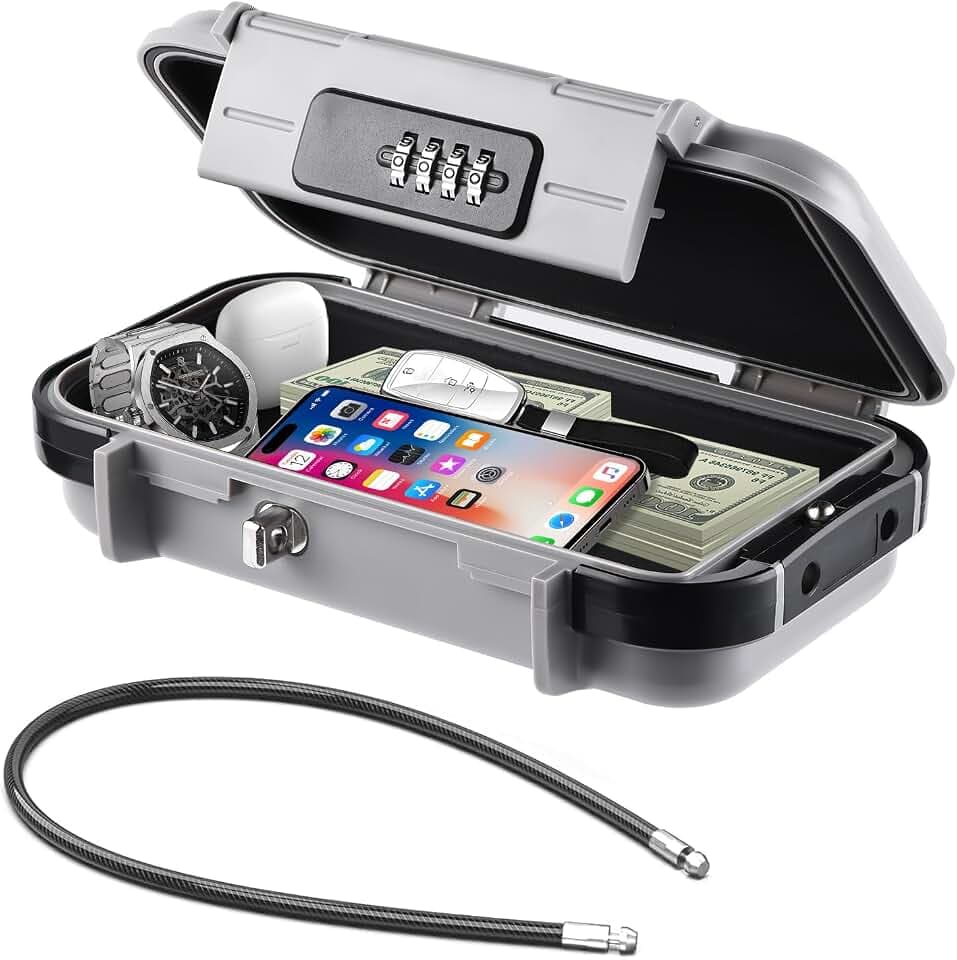 Portable Safe Box with Code, [Waterproof Anti-Theft ]Travel Safe, Combination Security Case Lock Box with Removable Wire Rope, for Home, Cars, Office, Vacation (Grey)