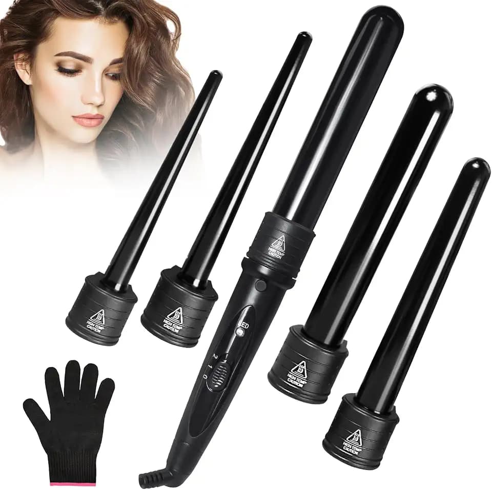 Lockenstab, 5 in 1 Keramik Lockenstab Set mit Verschiedenen Aufsätzen, Welleneisen mit Keramik Turmalin Beschichtung, Multistyler mit Hitzehandschuh.