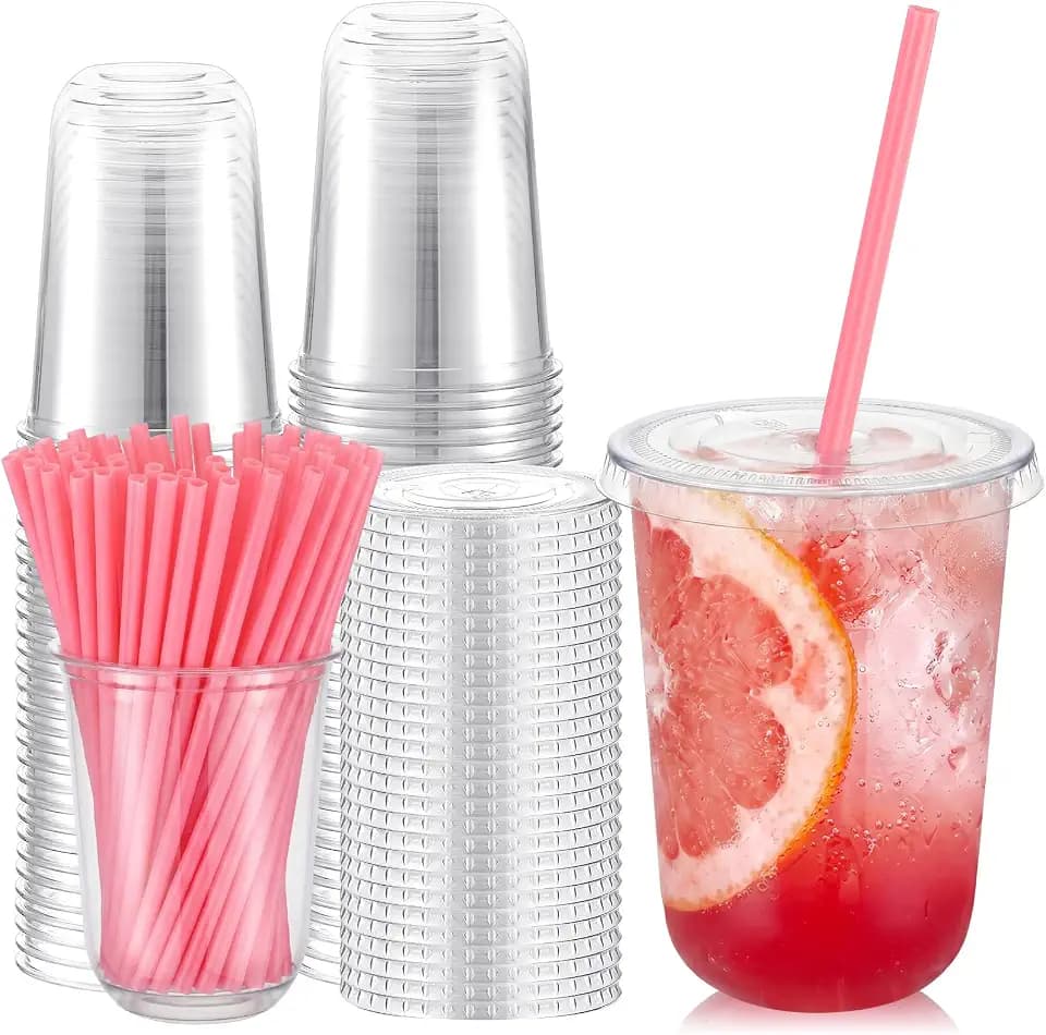 Ziliny 50 Sets 16oz Clear Plastic Cups with Heart Shaped Straws and Lids
