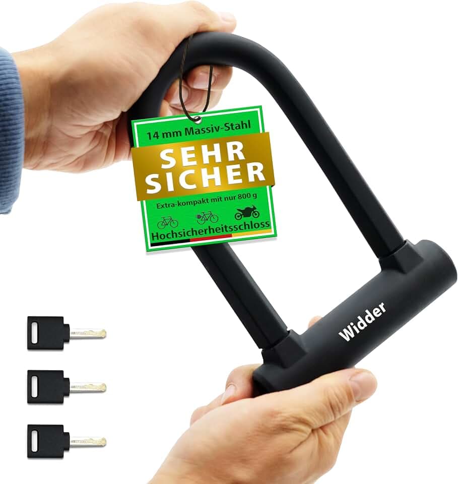 WIDDER Kleines Bügelschloss Fahrrad – Hochsicherheitsschloss mit nur 800g | 14mm Massiv Stahl Bügel – Fahrradschloss hohe Sicherheit, Schloss mit Halterung & 3 Schlüssel – e Bike U Lock Scooter Rennrad