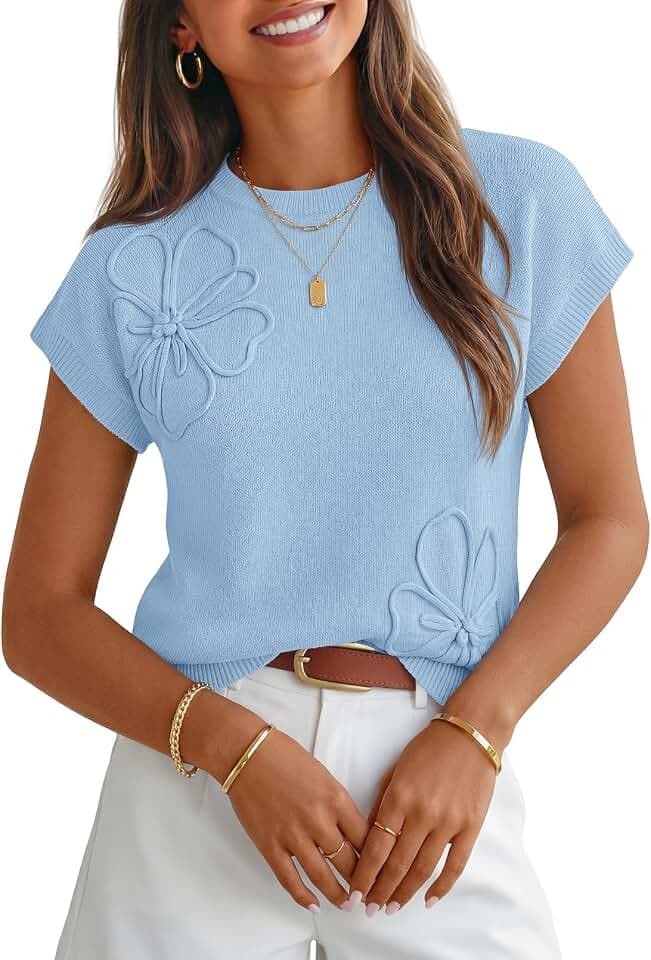 MEROKEETY Women's Fall Floral Short Sleeve Sweaters Cute Trendy Work Tops