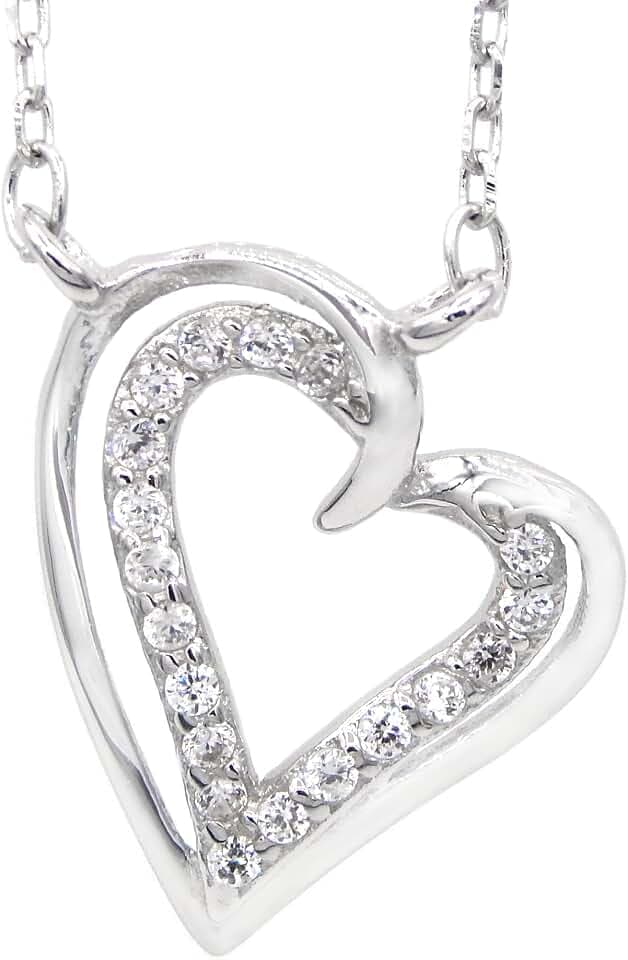 Collier Herz 925 Sterling Silber rhodiniert 19 Zirkonia 45cm lang Silberkette Halskette Kette Damen
