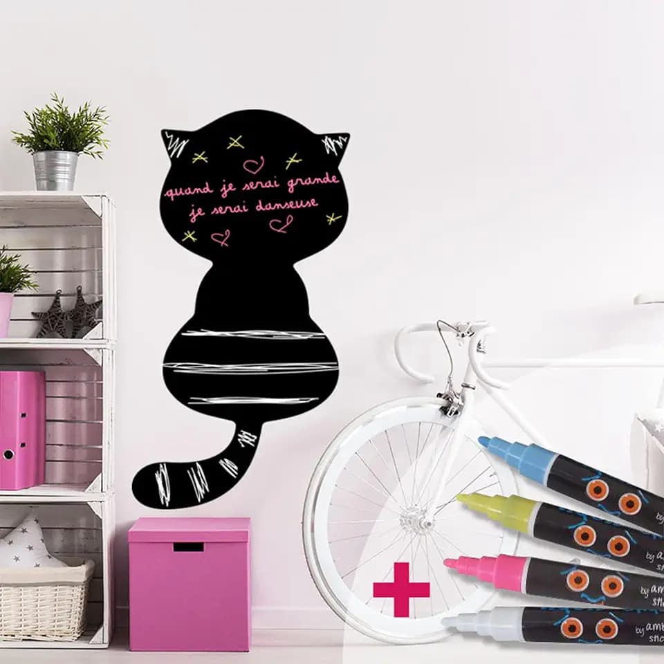 Ambiance Sticker Kreidetafel, selbstklebend, abwischbar, niedliche Katze, 100 x 55 cm + 4 Flüssigkreiden
