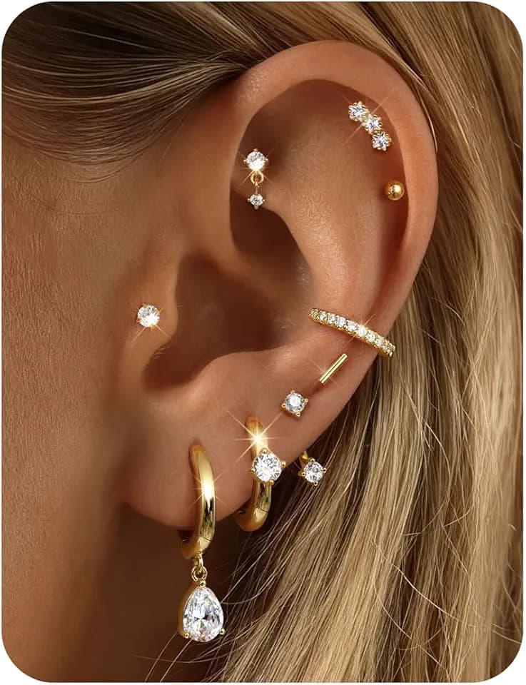FIBO STEEL 9 Pairs Hypoallergenic Earring Stacks for Women 14K Gold Plated