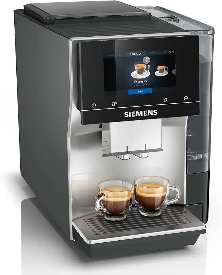 Siemens Kaffeevollautomat EQ700 classic, großes farbiges TFT-Display, 36 Heiß- und Kaltgetränke, Cold Brew, 10 Favoriten, 2-Tassen-Funktion, Steuerung per App, autom. Reinigungsystem, Silber, TP715E17