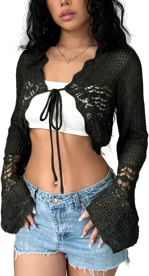 SISKIN Crochet Tie Front Cardigan Boho Bolero Shrug Bell Sleeve Cropped Knit Sweater for Women Summer