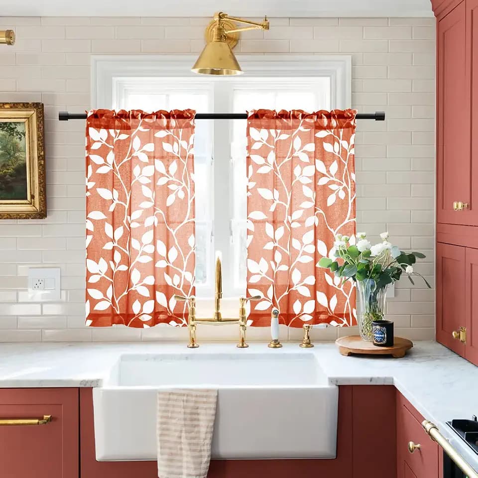 XTMYI Curtains 36 Inch Length for Kitchen Window Set of 2 Panels,Short Sheer Cafe White Leaf Print Pattern Design Small Curtain for Bathroom,Rust Burnt Orange