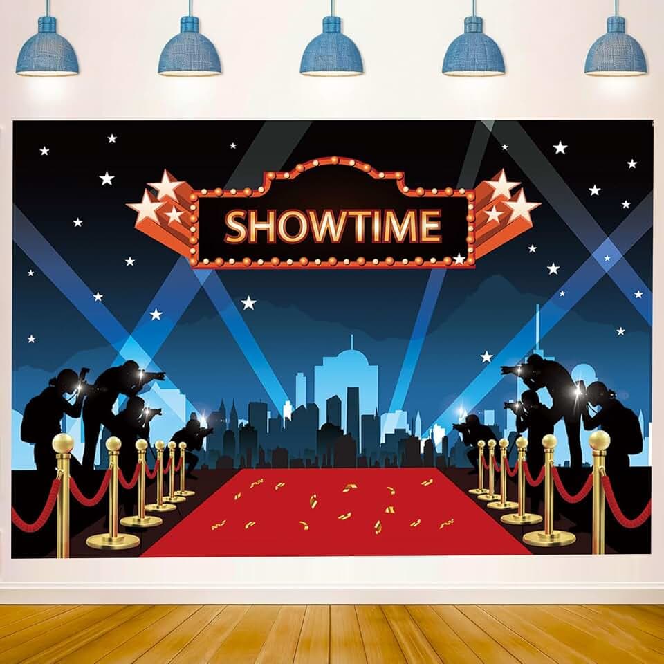 Qian Show Time Red Carpet Photography Backdrop for Movie Star Themed Pajamas Party Photo Background Ceremony Party Photo Booth Props Banner (6x4 FT)