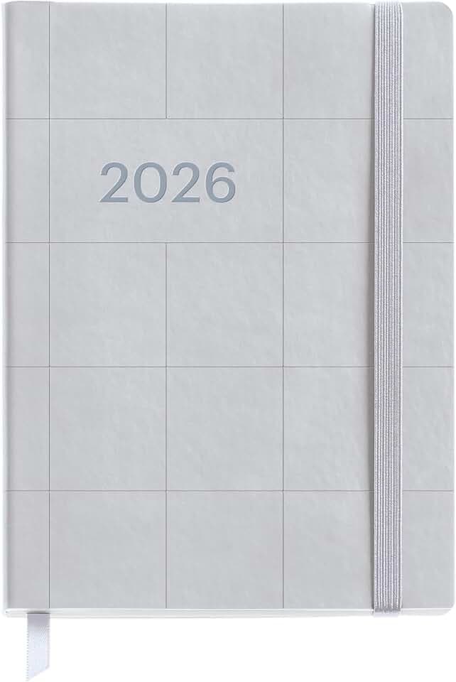 Miquelrius Terminplaner 2026, Tag pro Seite, flexibel und leicht zu tragen (122 x 168 mm), weich genähter Ledereinband, Papier 80 g/m², Tagesplaner, Spanisch-EN-PT, kariert, silberfarben