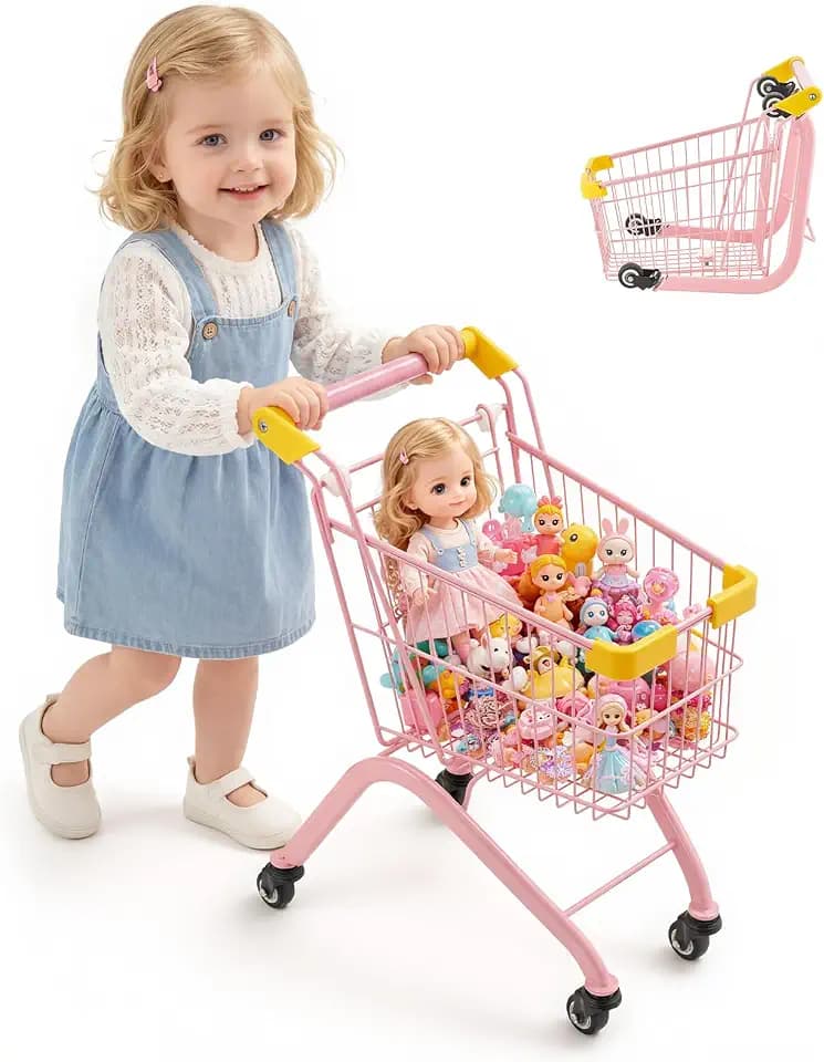 VEVOR Shopping Cart for Kids, Sturdy Steel Frame, Grocery Store Pretend Play Toy with Wheels, Dense Mesh Basket, Toy Shopping Cart Trolley, Foldable Design, Flip-Open Back, for Kids & Toddlers Ages 3+