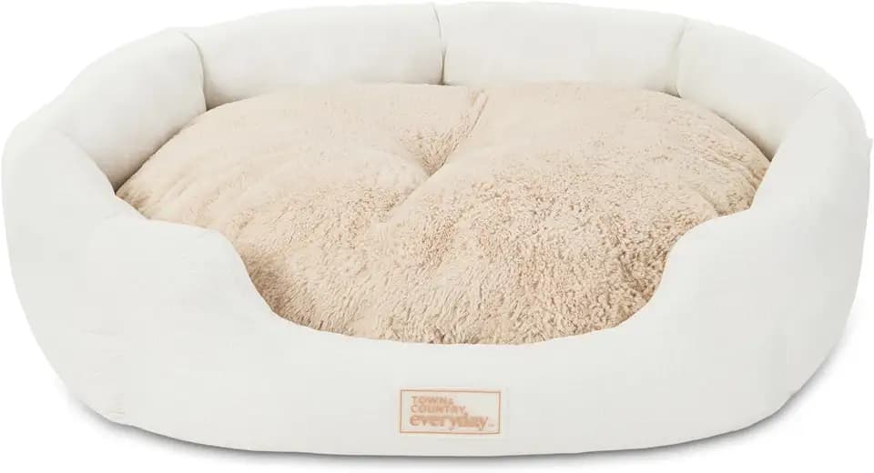 Town & Country Everyday CuddleTown Faux Linen Comfy Cozy Cuddler Pet Bed, Supportive & Calming, Non-Slip Bottom, Machine Washable Cover, Cream, XS 20"x14"x6"