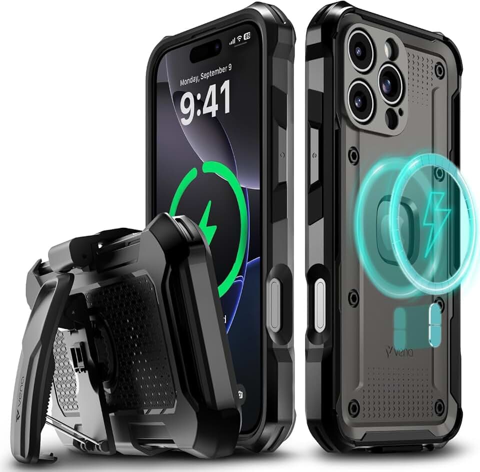 VENA vArmor Robuste Schutzhülle für iPhone 16 Pro Max mit Gürtelclip, Militärqualität, funktioniert mit MagSafe; robuste, robuste Schutzhülle mit Ständer, Schwarz/Graphitgrau