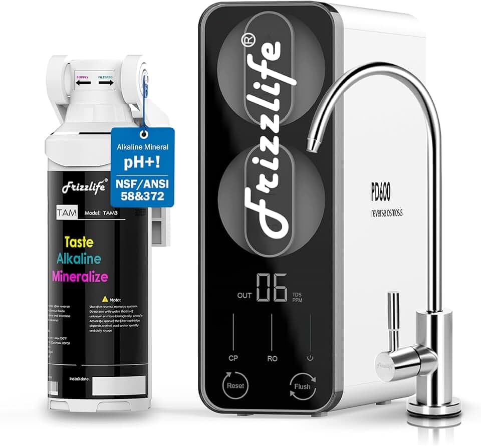 Frizzlife 600GPD Umkehrosmoseanlage Untertisch, NSF/ANSI 42,53,58&372 Zertifiziert,Tankless RO System mit Remineralisierung, Reduziert TDS, FPAS/PFOA, 2:1 Rein zum Abfluss, PD600-TAM3