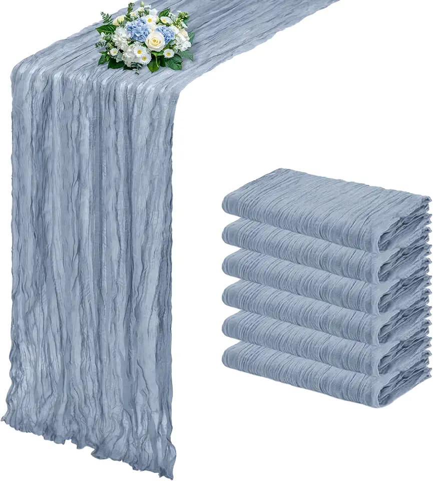 6 Pack Dusty Blue Cheesecloth Table Runner 17x108 Inch Semi Sheer Boho Gauze Cheese Cloth Fabric Table Runners, for Wedding Party Baby Shower Birthday Home Decor Garden Farmhouse