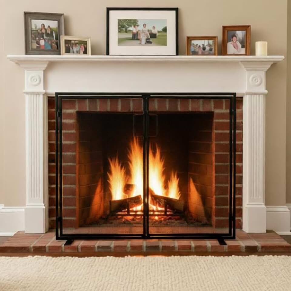 DUMOS 2 Panel Fireplace Screen with Hinged Doors, 39"(L) x 30.7"(H) Spark Guard Cover, Wrought Iron Metal Safety Gate for Fireplace and Living Room, Black
