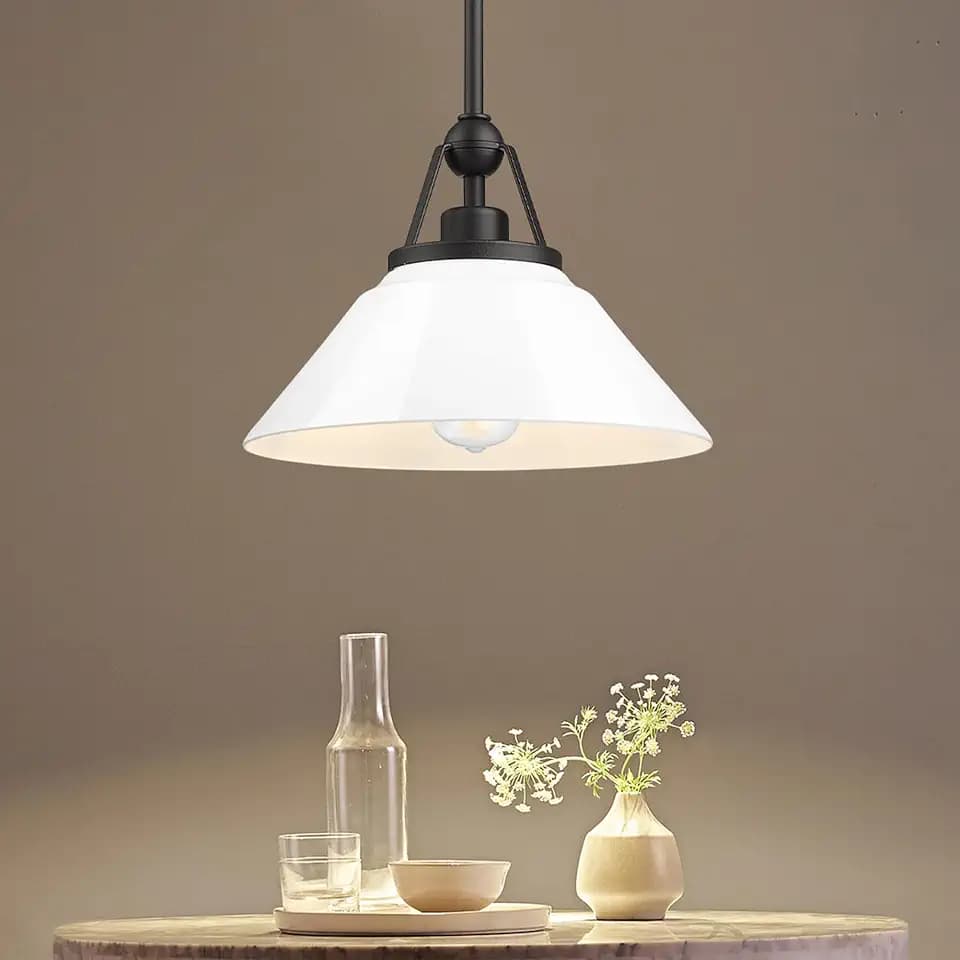 White Pendant Light Fixture, HWH Modern Kitchen Island Light Fixtures 12 Inch, 1-Light Hanging Lighting for Dinning Room Schoolhouse, Black Metal and White Opal Glass Shade, 5HYS89MIL-G BK
