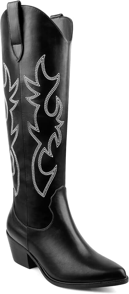 Zzheels Embroidered Western Cowboy Boots for Women Ankle High Cowgirls Chunky Heel Pointed Toe Pull-On Classic Boots