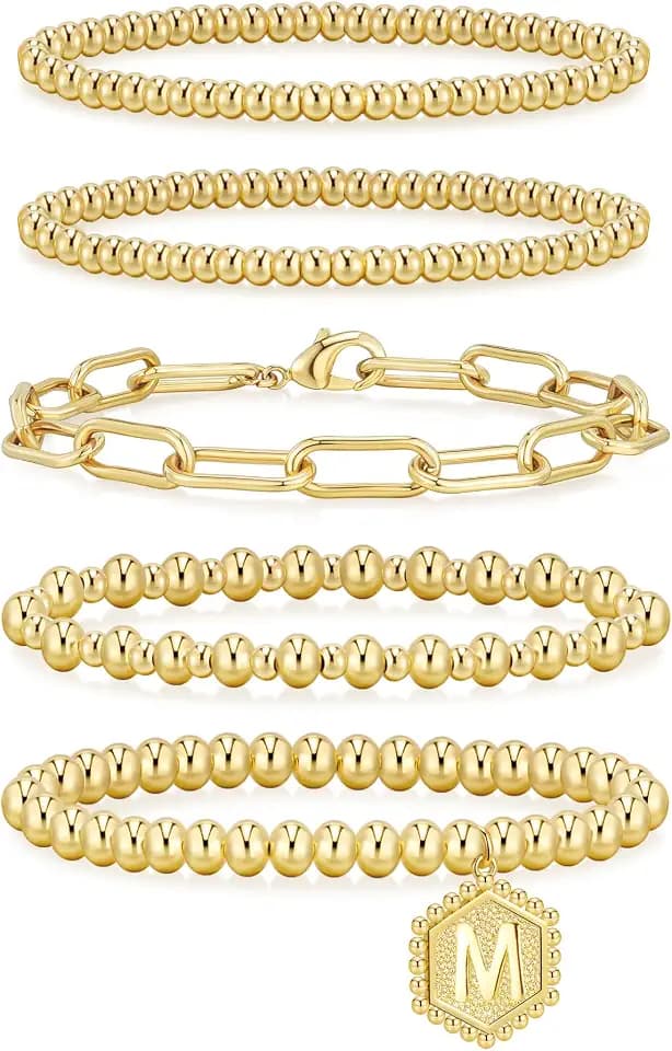 adoyi Gold Bracelets for Women Waterproof, 14K Gold Plated Beaded Strand Bead Ball Bracelets stack Adjustable Jewelry Set for Gifts