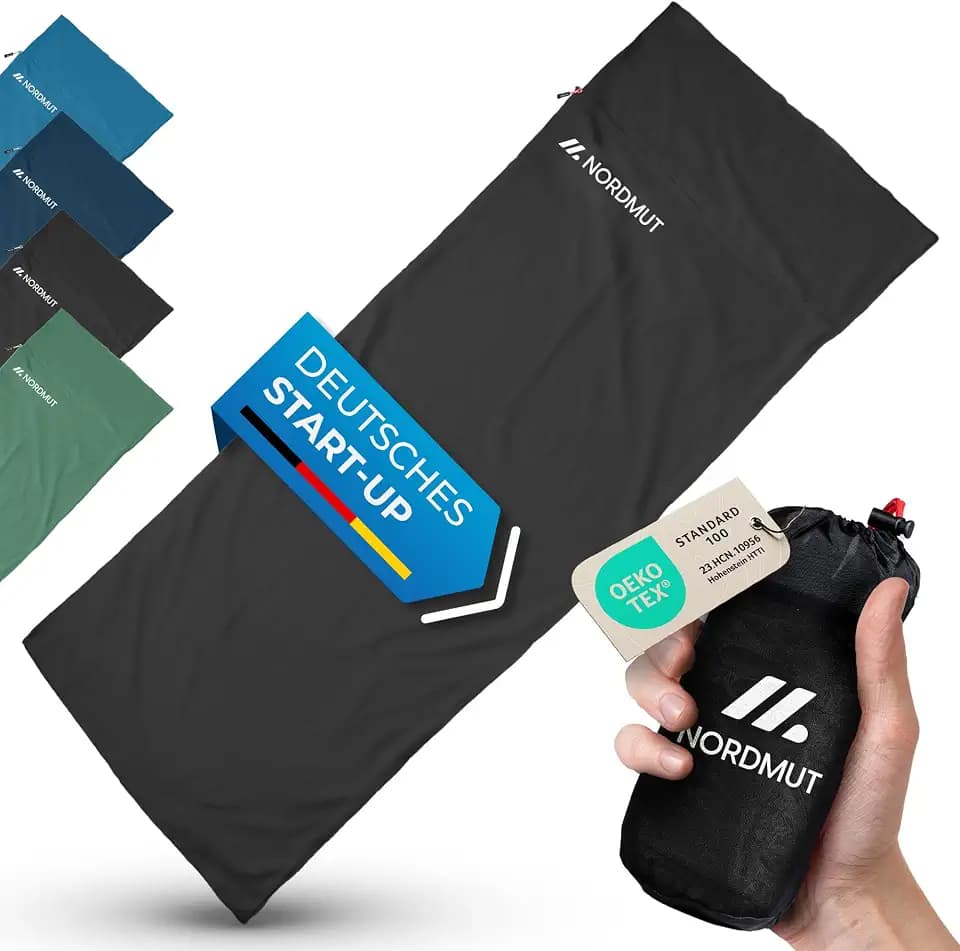 NORDMUT® Hüttenschlafsack Ultraleicht aus Mikrofaser oder Baumwolle - Reiseschlafsack atmungsaktiv kleines Packmaß & besonders weich inkl. Kissenfach