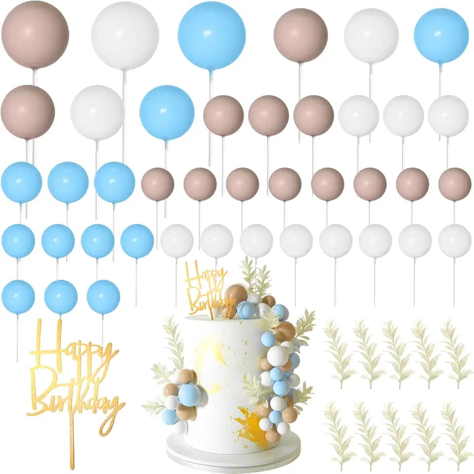 MIAHART Ball Cake Toppers Boho Grass Cake Topper Ball Cake Insert Decoration for Birthday Wedding Baby Shower Party Decorations Boho Themed Party Supplies (Khaki，white，light blue)