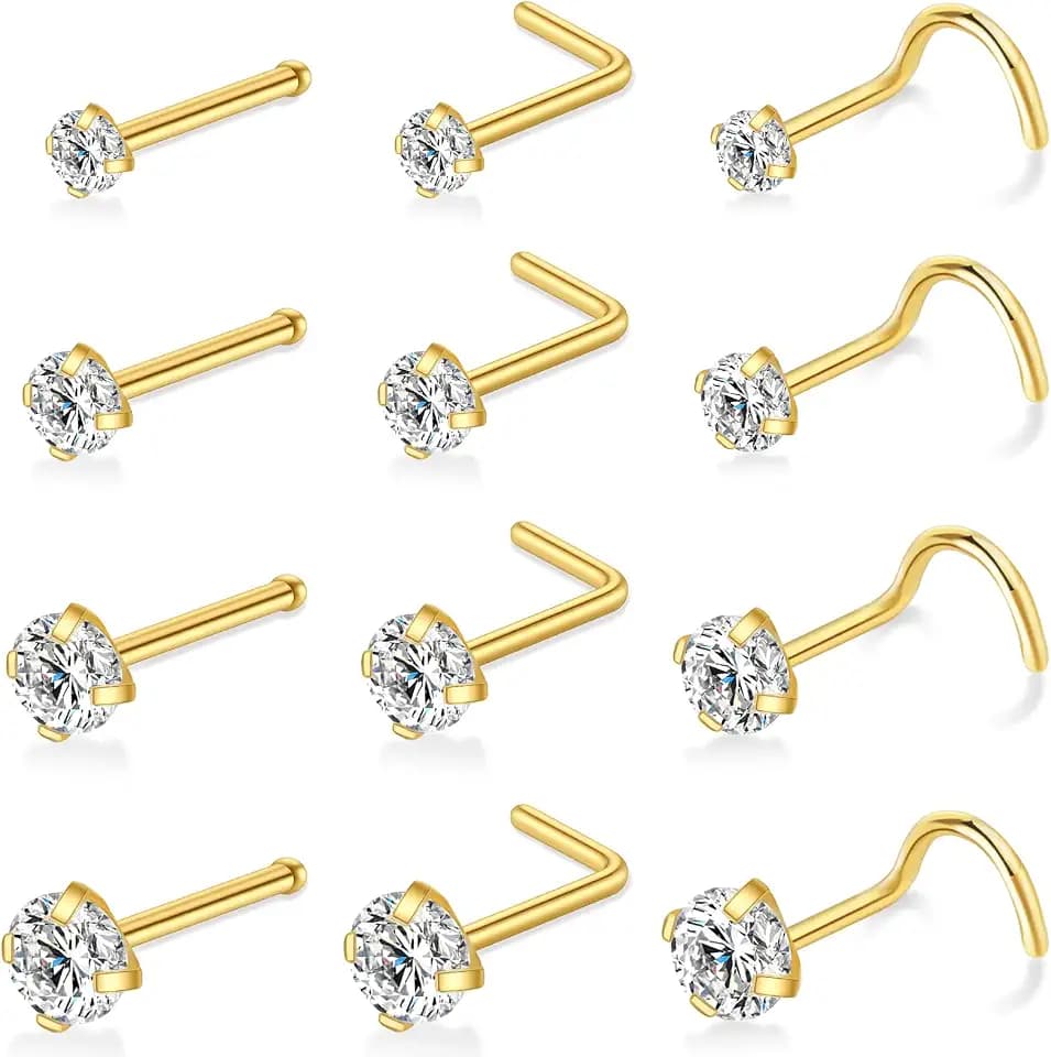 12 Pcs Gold/Silver Surgical Steel Nose Rings Studs Set for Women 20G