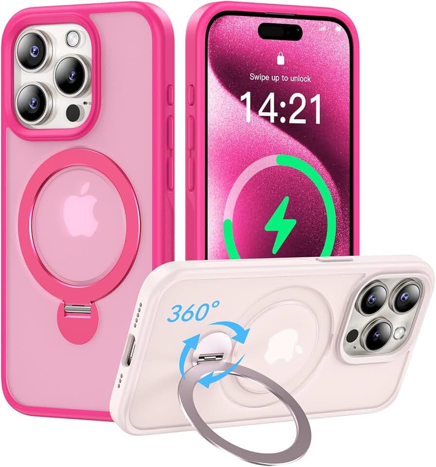 360° Rotated Magnetic Ring Stand for iPhone 15 Pro Case [Military Drop Protection] [Compatible with MagSafe] Shockproof Matte Translucent Slim Phone Case 6.1'' 2023, Hot Pink