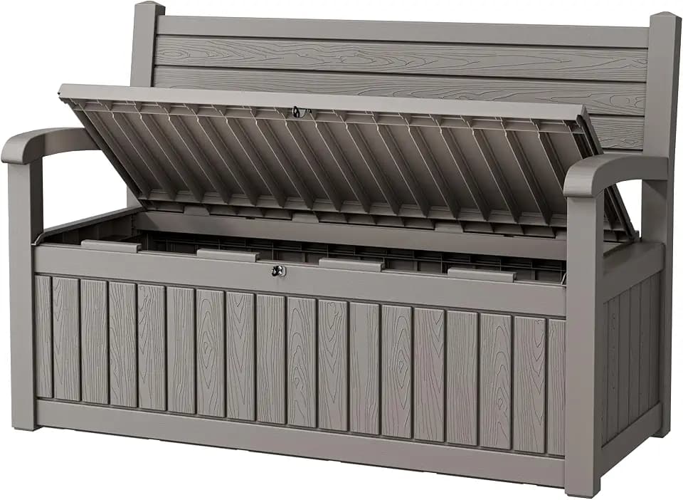 80 Gallon Outdoor Storage Bench Waterproof, Storage Outdoor Porch Bench Doubles as 2-Person Bench Seat, Resin Stripes Deck Box for Cushions, Garden Tools and Pool Supplies Grey